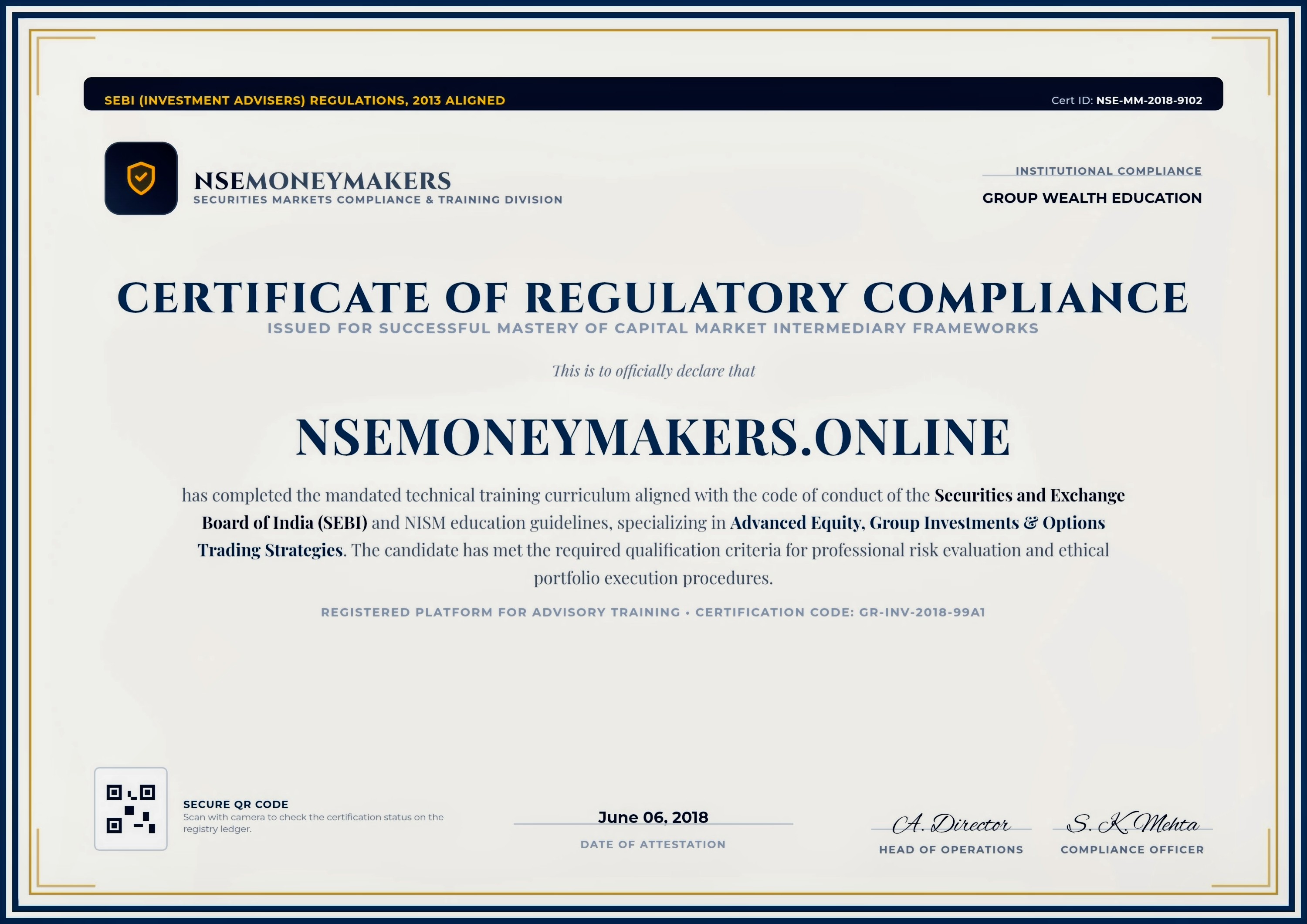 Certificate Of Regulatory Compliance
